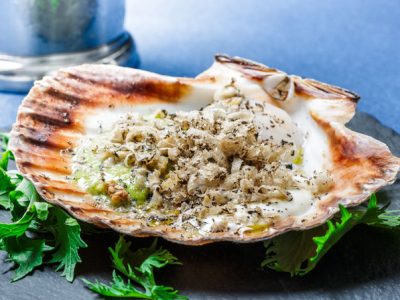 Raw scallops, asparagus, parmesan and black truffle.