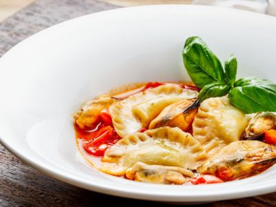 Tortelli (stuffed pasta) in a spicy mussel broth.