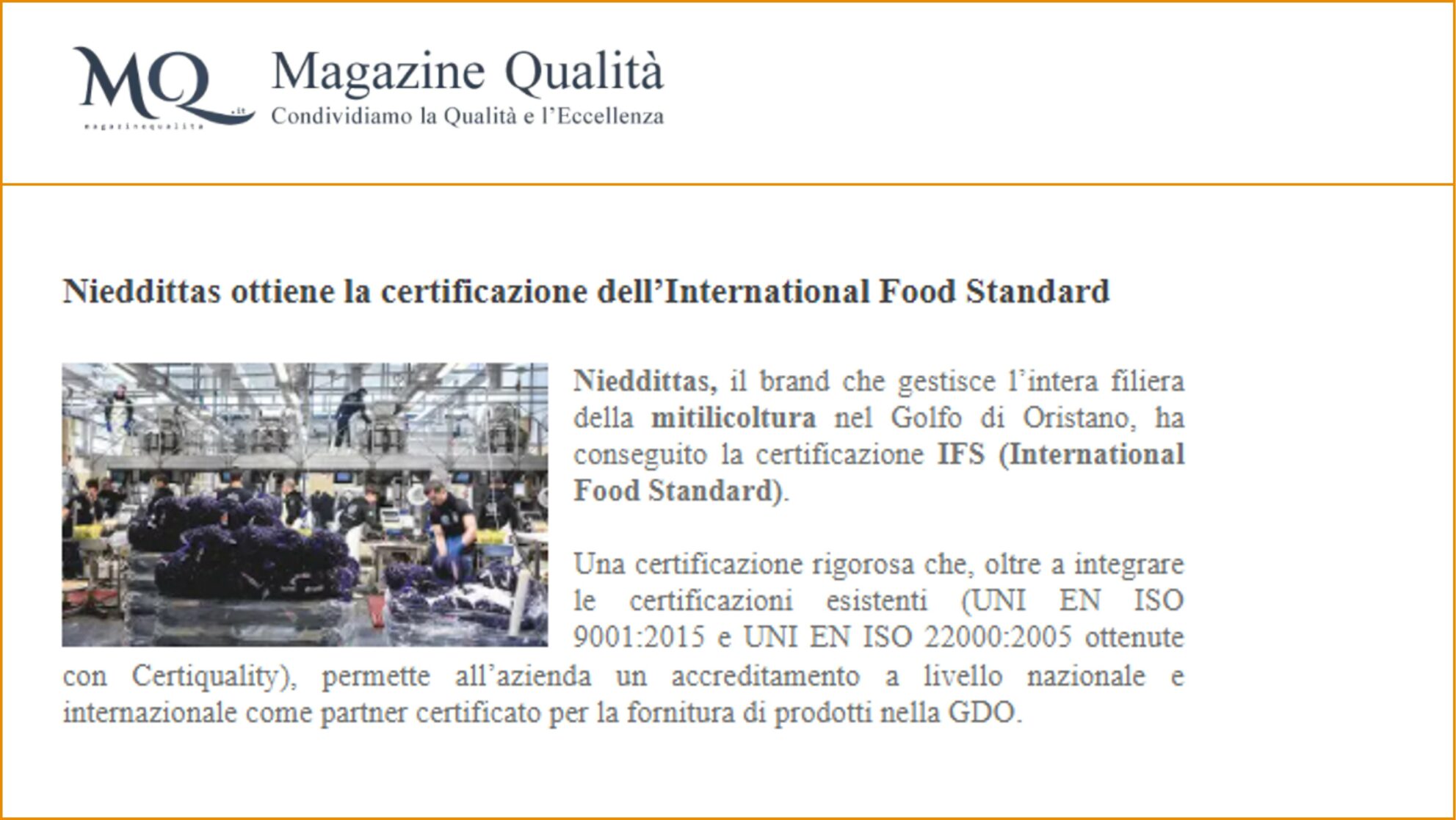 Nieddittas ottiene la certificazione dell’International Food Standard