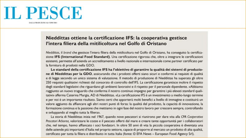 Nieddittas ottiene la certificazione IFS: la cooperativa gestisce l’intera filiera della mitilicoltura nel Golfo di Oristano