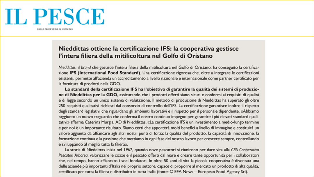 Nieddittas ottiene la certificazione IFS: la cooperativa gestisce l’intera filiera della mitilicoltura nel Golfo di Oristano