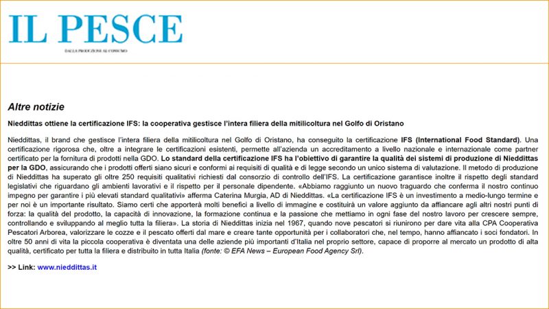 Nieddittas ottiene la certificazione IFS: la cooperativa gestisce l’intera filiera della mitilicoltura nel Golfo di Oristano