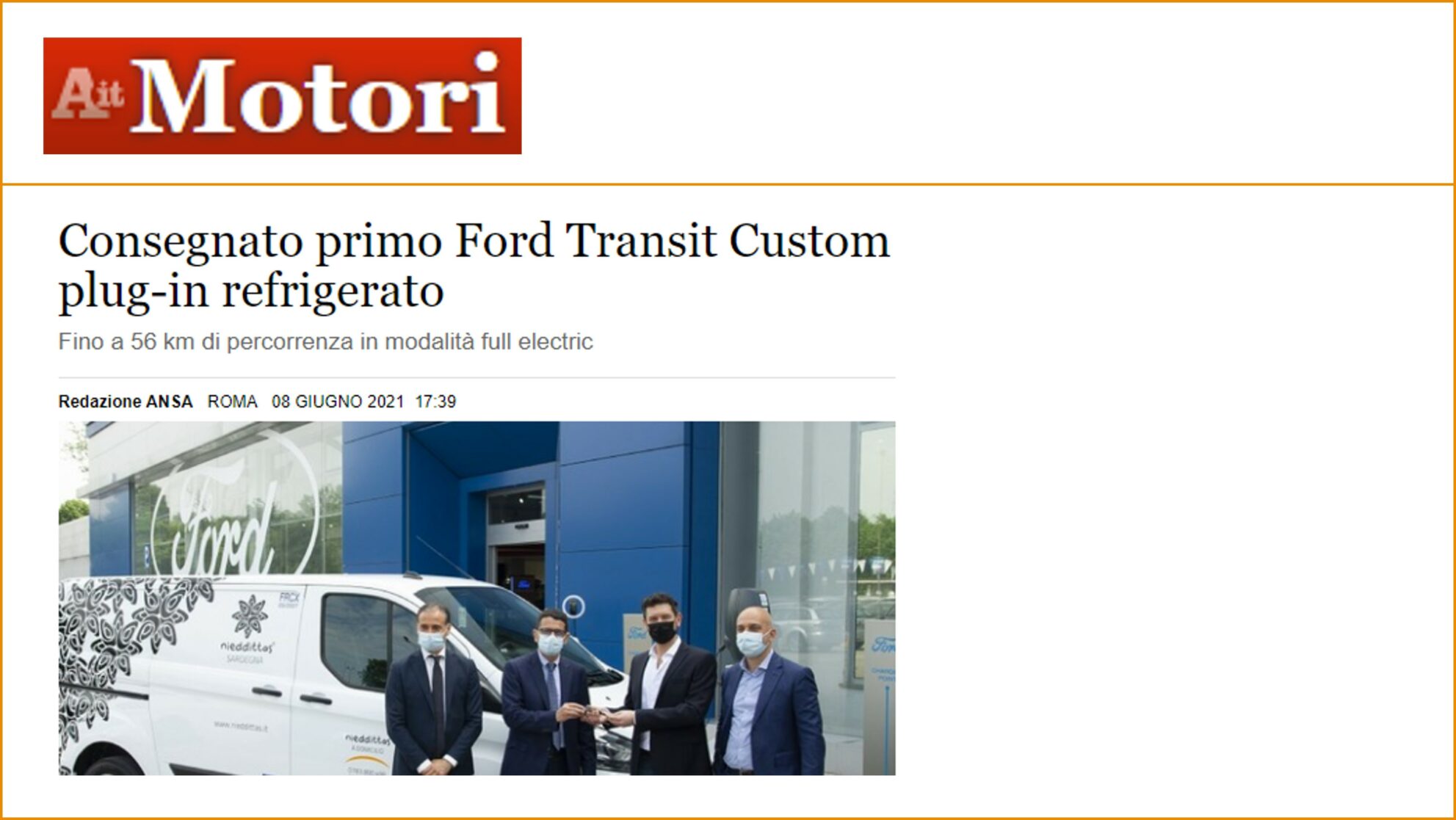 Consegnato primo Ford Transit Custom plug-in refrigerato